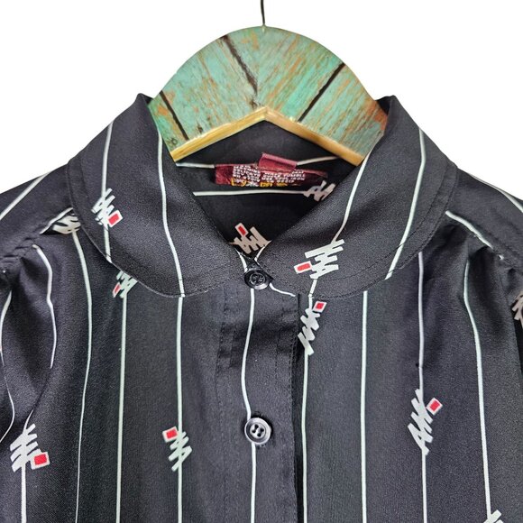 Raoul Striped Geo 80's Style Collared Long Sleeve Light Weight Midi Belted Dress - Picture 7 of 10